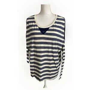 Red Camel Top Women’s L Blue White Stripe Lace Insert Long Sleeve Preppy Casual